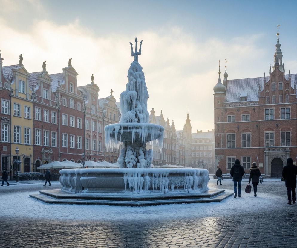 W centralnej części obrazu znajduje się zamarznięta, dwupoziomowa fontanna ozdobiona rzeźbą trójzębu na szczycie, z licznymi soplami lodu zwisającymi z jej krawędzi. Fontanna stoi na brukowanym placu pokrytym cienką warstwą śniegu, odbijającą jasne światło słoneczne, które przebija się przez częściowo zachmurzone, jasnoniebieskie niebo. Po obu stronach placu widać szereg zabytkowych kamienic z cegły, z dachami pokrytymi śniegiem, niektóre z nich mają szczyty ozdobione figurami i ornamentami; po prawej stronie dominuje większy, bogato zdobiony budynek z wysoką wieżą zegarową. Na placu przemieszcza się kilka osób ubranych w zimowe okrycia, rzucających długie cienie na śnieg i bruk.