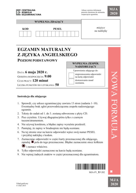 ARKUSZE CKE. Matura 2020 - j. angielski podstawowy, 1