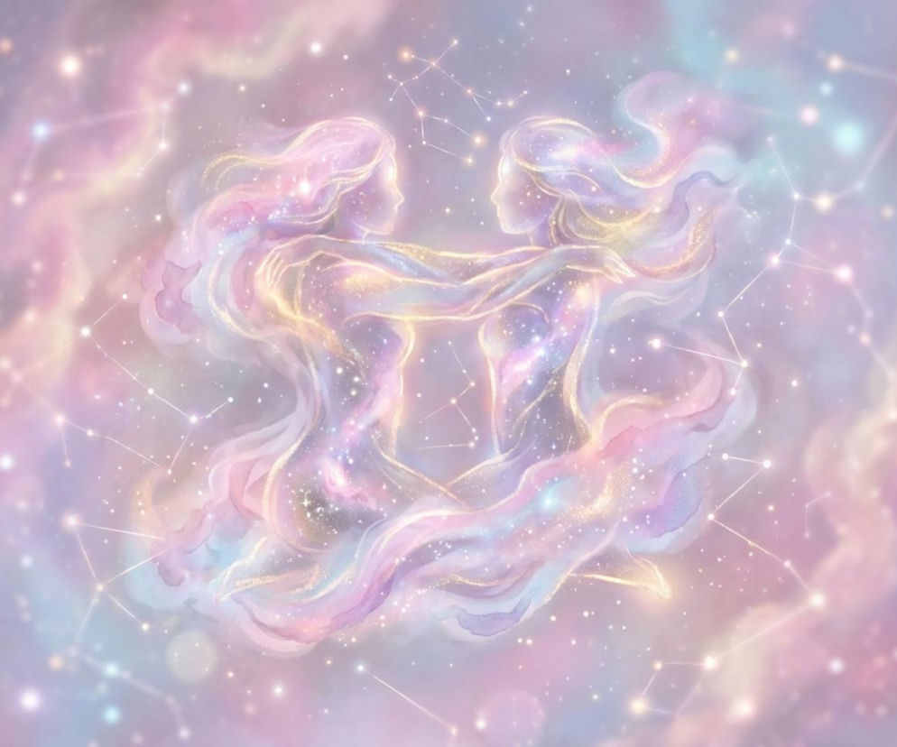 Grafika przedstawiająca dwie eteryczne, świetliste postacie symbolizujące znak zodiaku Bliźniąt, otoczone mglistą poświatą w pastelowych barwach różu i fioletu z migoczącymi gwiazdami. Postacie, ujęte od pasa w górę, stykają się ramionami, a nad nimi widoczny jest zarys konstelacji Bliźniąt. Horoskop dzienny dla Bliźniąt na 20 czerwca na naszym portalu.