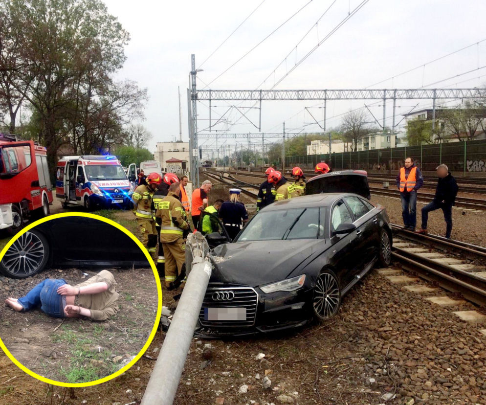 Czarna limuzyna rozbita na torach. Z tyłu kompletnie pijany mężczyzna