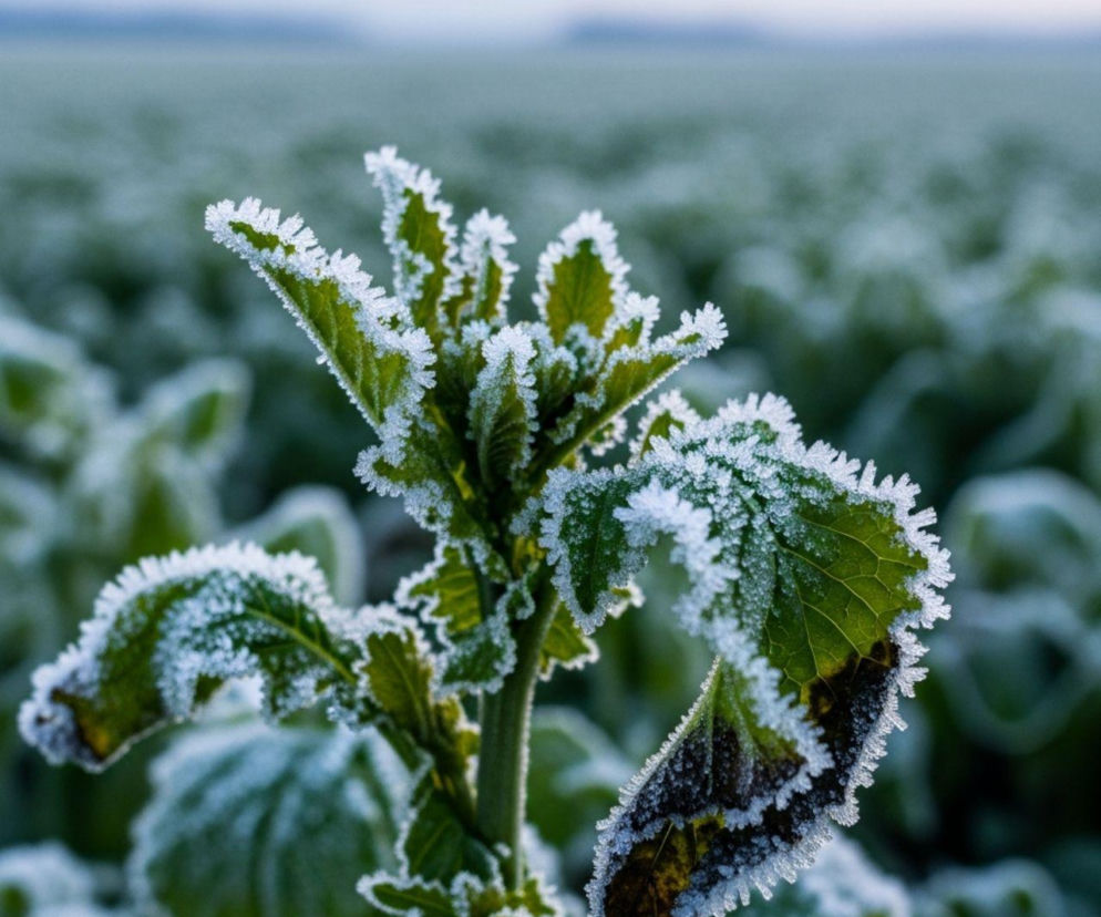 Zmarznięta roślina na polu, pokryta szronem, symbolizuje skutki przymrozków i straty w uprawach. Zdjęcie ilustruje problem dotykający rolników i potrzebę wsparcia. Więcej informacji o wpływie przymrozków na rolnictwo znajdziesz na Super Biznes.