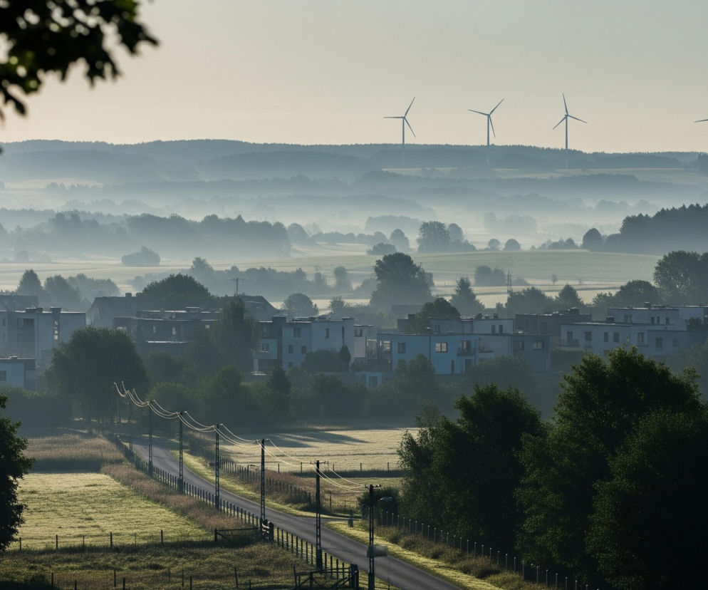 Na pierwszym planie, w lewym górnym rogu, widoczne są rozmyte, ciemnozielone liście drzewa. Poniżej, w centrum, biegnie asfaltowa droga, otoczona po obu stronach przez słupy energetyczne z przewodami oraz ogrodzenia, za którymi rozciągają się pola pokryte rosą, mieniącą się jasnym odcieniem. W tle widoczna jest osada domów, w większości nowoczesnych, o jasnych fasadach i płaskich dachach, oraz kilka tradycyjnych budynków z czerwonymi dachami, wszystkie zanurzone w delikatnej mgle. Dalej, za pasmami drzew, rozciągają się kolejne faliste wzgórza pokryte lasami i polami uprawnymi, również spowite mgłą, a na horyzoncie rysują się sylwetki czterech turbin wiatrowych.