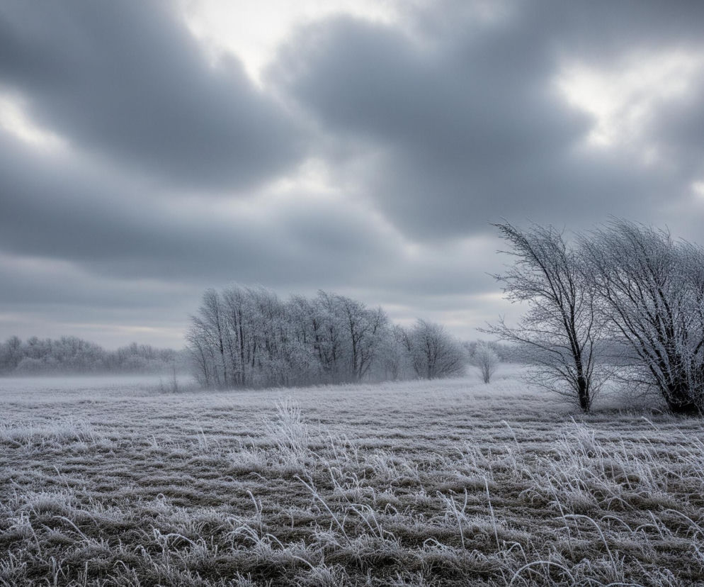 Na pierwszym planie rozciąga się pole pokryte szronem, gdzie trawa i uschnięte źdźbła są białe od lodu. W środkowej części obrazu widoczny jest pojedynczy, rozłożysty krzew lub drzewo, również pokryte szronem, z gałęziami uginającymi się lekko w prawą stronę. Za nim, w oddali, znajduje się linia drzew tworząca las, wszystkie drzewa są bezlistne i pokryte białym szronem, z lekką mgłą unoszącą się w ich pobliżu. Całość oświetla niebo pełne ciemnych, burzowych chmur, z nielicznymi przejaśnieniami ukazującymi jaśniejsze fragmenty nieba, zwłaszcza w górnym prawym rogu. Dominują odcienie szarości, bieli i brązu, tworząc zimowy, nieco ponury krajobraz.