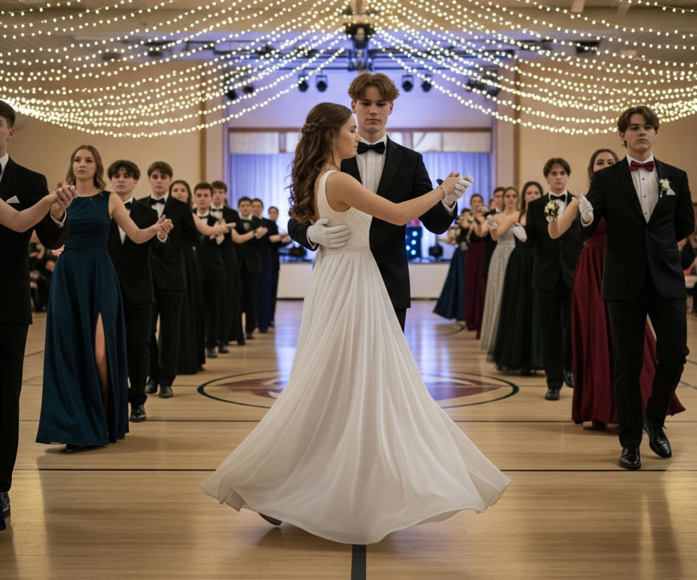 Młoda para tańczy w centrum kadru, dziewczyna w białej sukni z długimi, brązowymi włosami i chłopak w czarnym garniturze z muszką. Otacza ich wiele innych par, ubranych w eleganckie stroje, takie jak granatowe, szmaragdowe i bordowe suknie oraz czarne garnitury z muszkami, ustawionych w rzędach po obu stronach. Scena rozgrywa się w dużej sali gimnastycznej z drewnianą podłogą, a nad głowami wszystkich zwisają liczne sznury lampek. W tle widoczna jest scena oświetlona niebieskim światłem.
