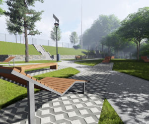 Edukacyjny ekotaras -   propozycja zagospodarowania terenu przyległego do Olimpijskiego Stadionu Rugby z widokiem na dolinę i Łynę.
