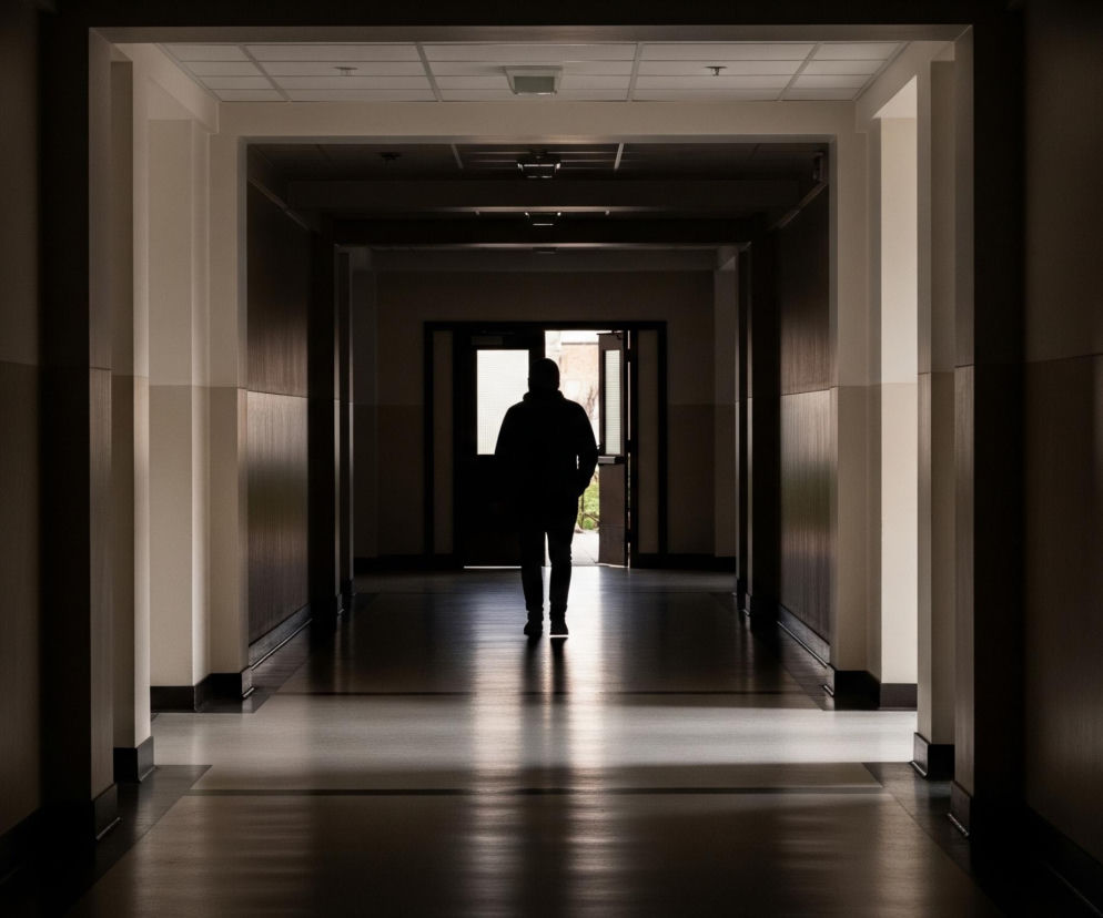 Sylwetka osoby w ciemnych ubraniach znajduje się w centralnym punkcie długiego korytarza, idąc w kierunku widza. Postać jest podświetlona od tyłu, co tworzy wyraźny kontur na tle jasnego światła w oddali. Korytarz ma ciemne ściany i podłogę z widocznymi refleksami światła, tworzącymi prostokątne wzory na podłożu. Po bokach korytarza widoczne są jasne, pionowe słupy i fragmenty drewnianych paneli na ścianach, a sufit wyłożony jest kwadratowymi płytami z osadzonymi w nich lampami.