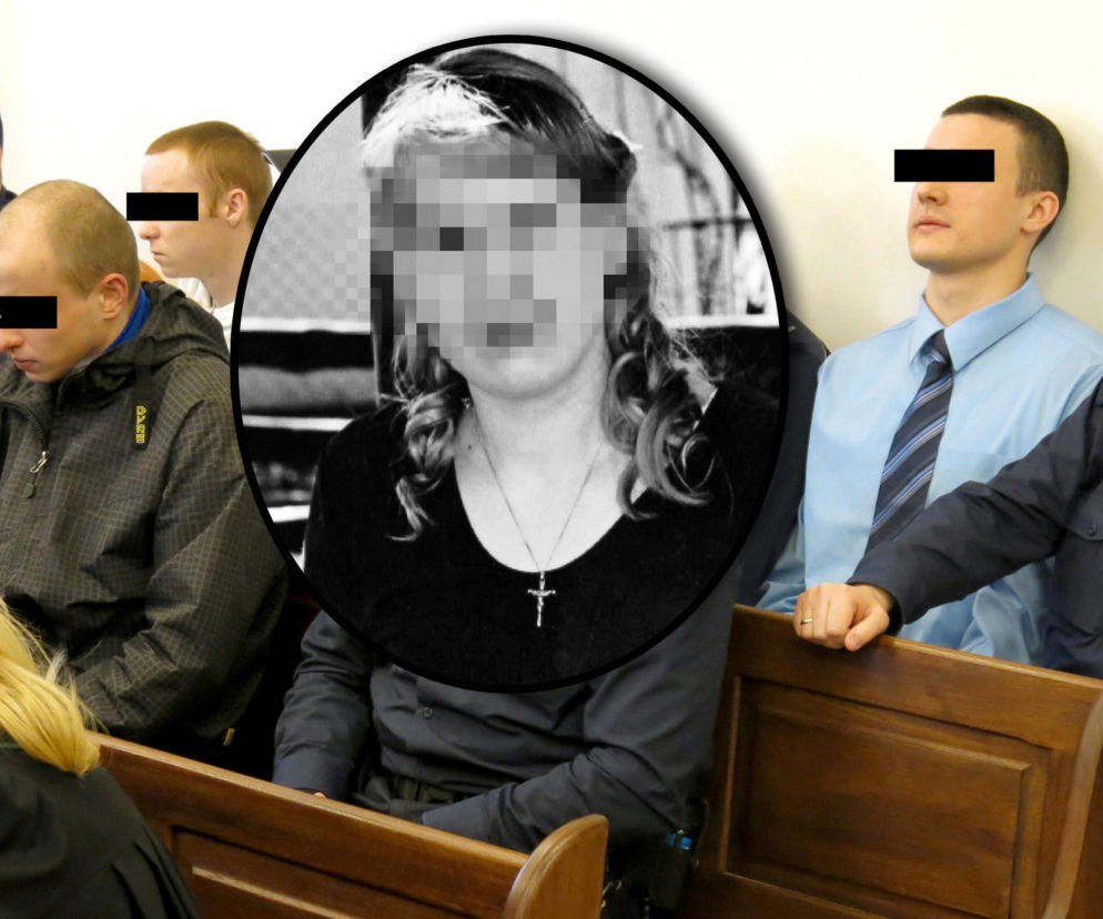 Trzej mężczyźni z zakrytymi oczami na sali sądowej. W centralnym kole zdjęcie Agnieszki. O zbrodni czytaj w SE Białystok.