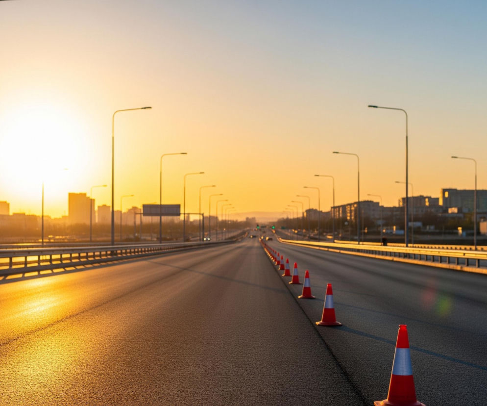 Długa, wielopasmowa autostrada biegnie w głąb obrazu, rozświetlona przez zachodzące słońce, które tworzy pomarańczowo-żółtą poświatę na lewej stronie nieba i drogi. Na prawej krawędzi jezdni, wzdłuż osi oddzielającej pasy, ustawiony jest szereg pomarańczowo-białych pachołków drogowych, zmniejszających się wraz z oddaleniem. Po obu stronach drogi widoczne są bariery ochronne oraz rzędy czarnych słupów oświetleniowych, a w tle widać zarysy miejskich budynków.