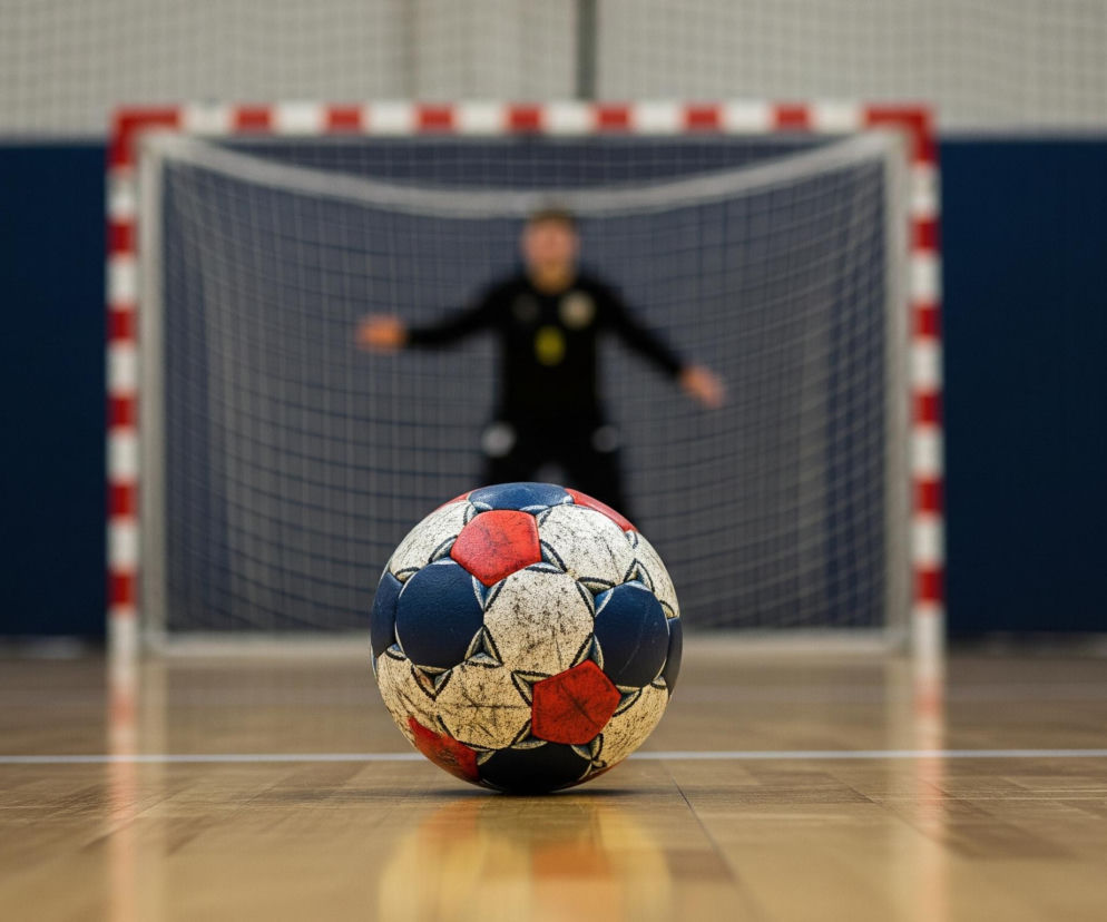 Używana piłka do piłki ręcznej leży na błyszczącej, drewnianej podłodze w hali sportowej, wpatrując się prosto w bramkę. Piłka ma czerwono-biało-granatowe, posklejane ze sobą panele z wyraźnymi śladami użytkowania, takimi jak zarysowania i brud. Na drugim planie, za siatką bramki o czerwono-białych słupkach, widać rozmytego bramkarza w czarnym stroju, z rozłożonymi ramionami. Tło za bramkarzem jest niebieskie z górną częścią ściany w jasnoszarą kratkę.