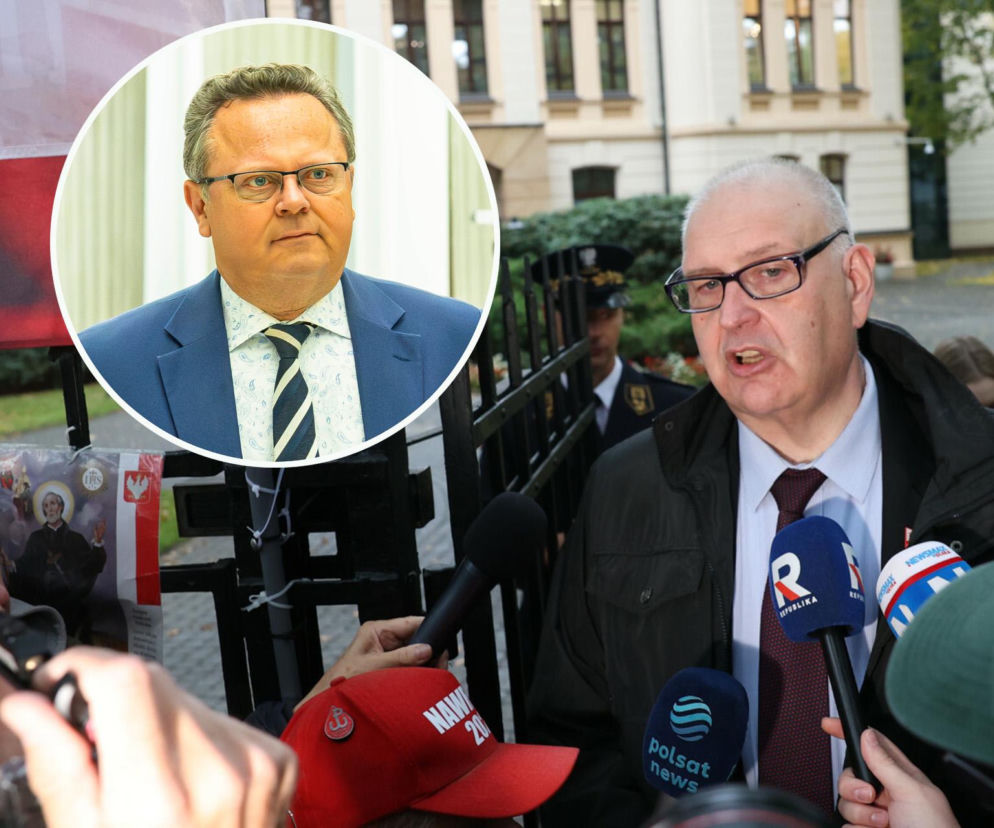 Bogdan Święczkowski mówi do mikrofonów. Na miniaturze Andrzej Szejna. O sporze wokół TK przeczytasz na SE Polityka.