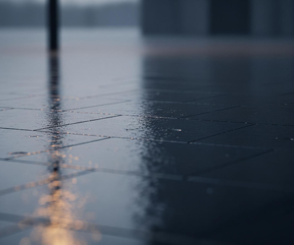 Głównym elementem jest mokra, ciemnoszara posadzka z widocznymi fugami, pokryta licznymi kroplami wody i odbijająca światło. W lewej dolnej części obrazu widoczne są intensywne, rozmyte refleksy pomarańczowego światła, które rozpraszają się ku środkowi i prawemu dolnemu rogowi. Pionowy, ciemny słup odbija się w posadzce po lewej stronie, a w tle majaczą niewyraźne, jasnoszare kształty budynków lub innych konstrukcji, co sugeruje przestrzeń zewnętrzną po deszczu.