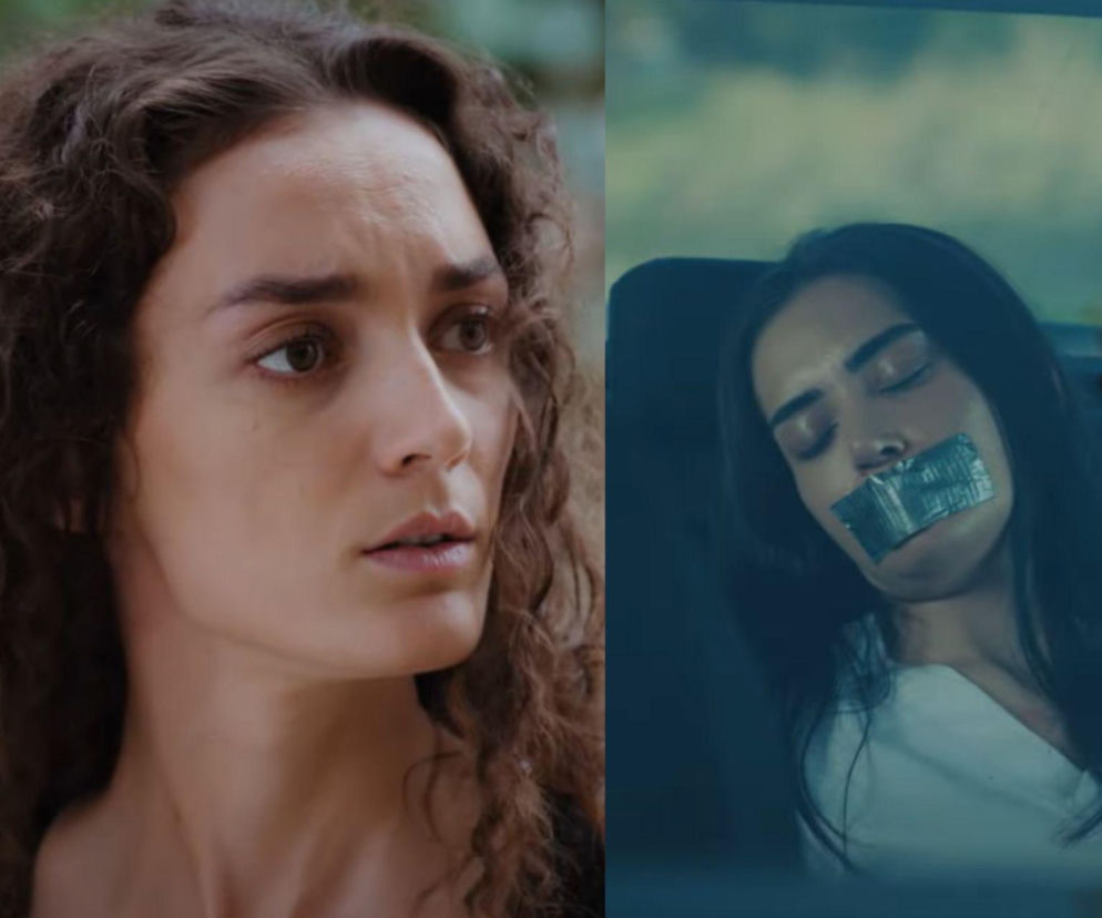 Dwie kobiety z serialu Dziedzictwo. Po lewej młoda kobieta z kręconymi włosami w zbliżeniu, patrząca w prawo z zaniepokojeniem. Po prawej, druga kobieta z zaklejonymi ustami leży nieprzytomna, uprowadzona przez porywacza. Więcej o dramatycznych wydarzeniach przeczytasz na Super Seriale.