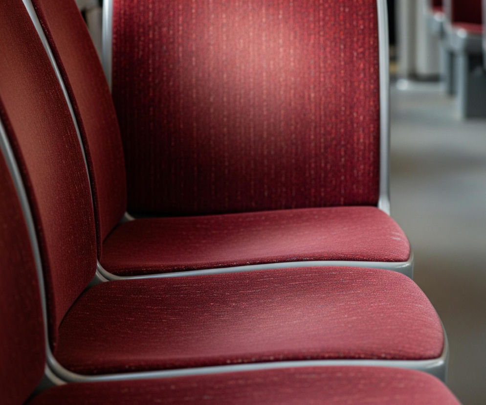 Pierwszy plan przedstawia kilka pustych siedzeń w pojeździe transportu publicznego, prawdopodobnie w pociągu lub metrze. Siedzenia mają czerwoną, teksturowaną tapicerkę i szare, metalowe ramki. Światło padające z góry tworzy jaśniejszy obszar na oparciu środkowego siedzenia. W tle widać więcej podobnych siedzeń, rozciągających się w głąb pojazdu, a także fragment żółtej rurki, będącej prawdopodobnie częścią poręczy.