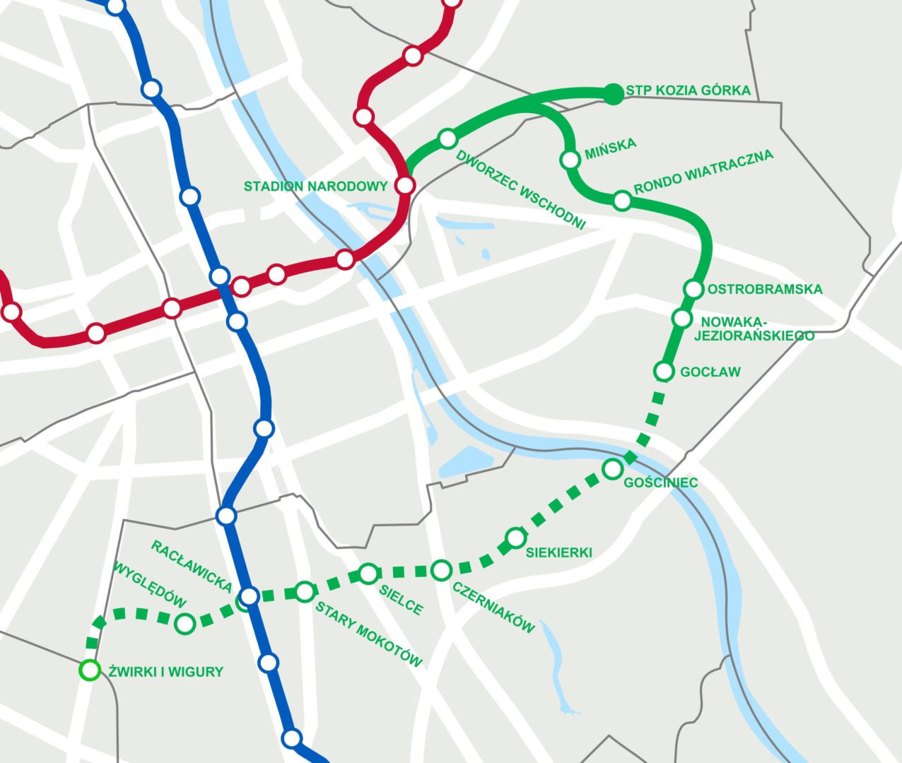 Mapa 3. linii metra w Warszawie