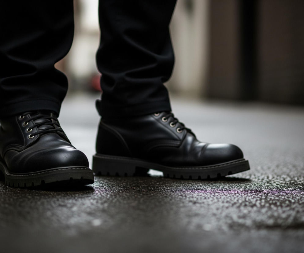 Parę czarnych, wiązanych butów z grubą podeszwą, stojących na mokrej, ciemnej nawierzchni. Nogi osoby noszącej buty ubrane są w długie, czarne spodnie, widoczne od wysokości kostek. Tło jest rozmyte i ciemne, sugerując zamkniętą przestrzeń lub alejkę, z jaśniejszymi fragmentami w oddali. Krople wody na ziemi odbijają światło, tworząc efekt błyszczenia.