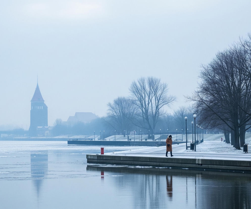 Pojedyncza osoba w pomarańczowym płaszczu i czarnej czapce idzie po pokrytym śniegiem nabrzeżu, biegnącym wzdłuż szerokiej, częściowo zamarzniętej rzeki. W tle widoczny jest most i zarys budynku z ostrym dachem, natomiast po prawej stronie drogi rosną liczne drzewa bez liści, a na trawiastym zboczu leży warstwa śniegu. Dominują odcienie błękitu i szarości, odzwierciedlające chłodny, zimowy dzień.
