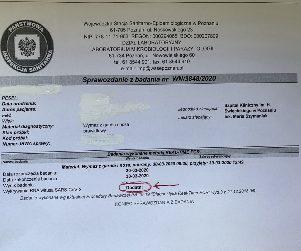 Wynik dodatni na koronawirusa