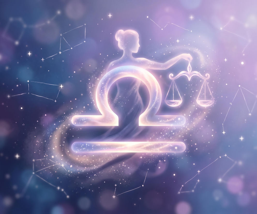 Świecący symbol znaku zodiaku Waga na tle gwieździstego nieba. O horoskopie dla Wagi przeczytasz w serwisie Eska.