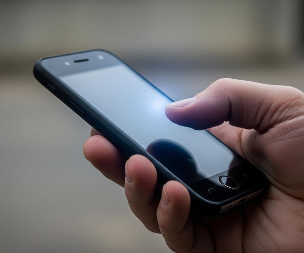 Lewa dłoń trzyma czarny smartfon w pozycji pionowej, ekranem skierowanym lekko w prawo. Kciuk dłoni znajduje się na ekranie dotykowym, a na jego opuszku widoczne jest jasne, biało-niebieskie światło, sugerujące interakcję z wyświetlaczem. Pozostałe palce okalają boki i tył urządzenia. Tło jest rozmyte, w odcieniach szarości i brązu, z jaśniejszym obszarem po lewej stronie.