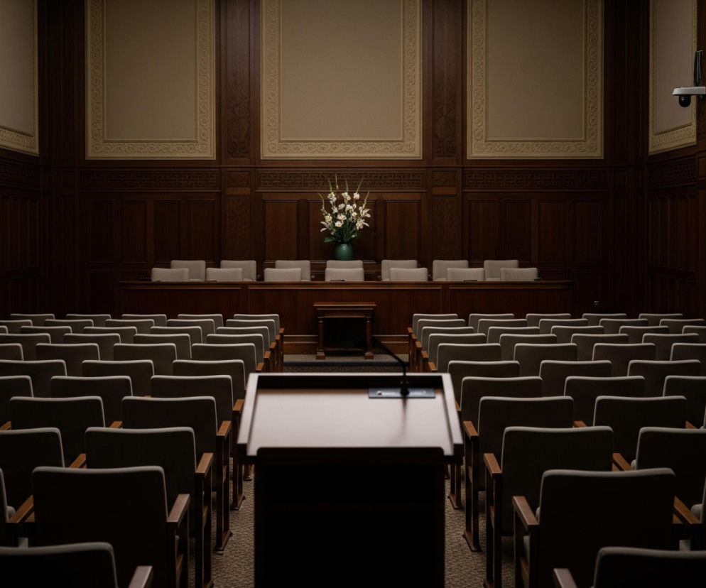 Wnętrze przestronnej sali jest puste, widziane z perspektywy za mównicą, skierowanej ku przodowi. Liczne rzędy krzeseł z ciemnoszarą tapicerką i drewnianymi podłokietnikami rozciągają się w głąb pomieszczenia po obu stronach centralnego przejścia, pokrytego beżowym dywanem. Przed rzędami krzeseł, na podwyższeniu, stoi długi stół z beżowymi krzesłami, za którym, na mniejszym drewnianym stoliku, znajduje się szmaragdowo-zielony wazon z białymi kwiatami i zielonymi liśćmi. Cała sala wyłożona jest ciemnym, rzeźbionym drewnem, z górnymi częściami ścian pokrytymi jaśniejszymi beżowymi panelami z ozdobnymi ramami.