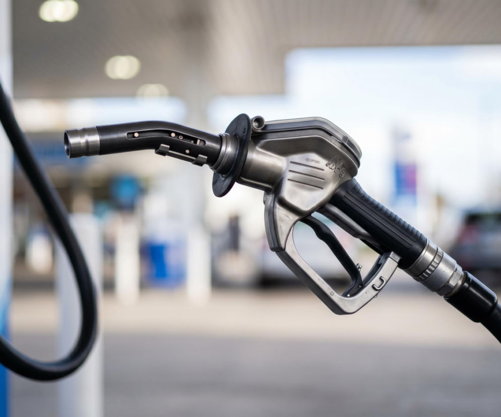 Pistolet do tankowania paliwa na stacji, symbolizujący aktualne zmiany cen na rynku. Artykuł na Super Biznes informuje o znaczących obniżkach cen hurtowych oleju napędowego i benzyny, co daje nadzieję na tańsze tankowanie.