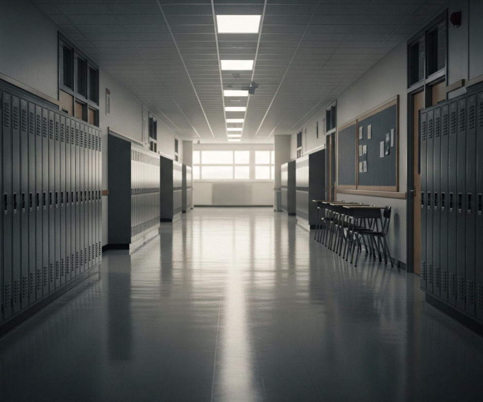 Długi korytarz szkolny rozciąga się w głąb obrazu, z rzędami metalowych szafek po obu stronach, oświetlony jasnym światłem wpadającym przez duże okna na końcu. Sufit wyłożony jest panelami z podłużnymi, prostokątnymi lampami jarzeniowymi równomiernie rozmieszczonymi wzdłuż, które odbijają się w lśniącej, szarej podłodze. Po prawej stronie, w połowie długości korytarza, stoi rząd sześciu czarnych ławek szkolnych z krzesłami, za którymi znajduje się tablica korkowa z kilkoma przyczepionymi kartkami.