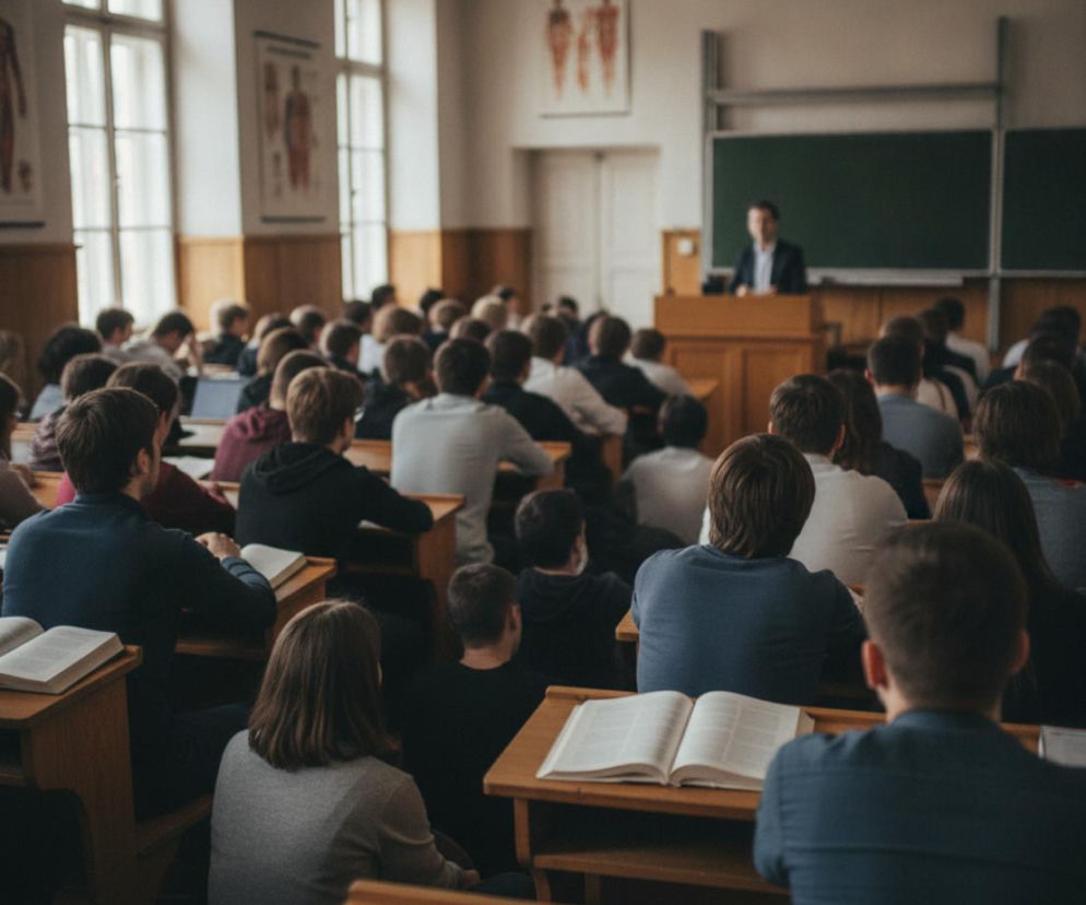 Liczni studenci siedzący w ławkach w auli wykładowej. O rekordowej rekrutacji na medycynę przeczytasz na PZ.