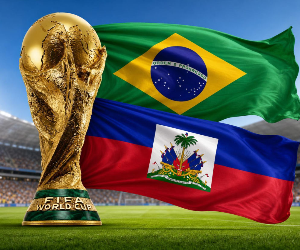 Złoty puchar FIFA World Cup na zielonej murawie stadionu, a za nim falujące flagi Brazylii i Haiti na tle jasnego nieba. Dowiedz się więcej o meczu Brazylia - Haiti na naszym portalu.
