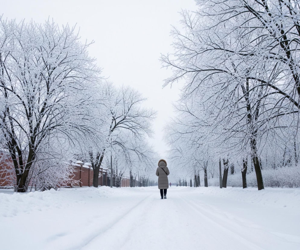 Kobieta w beżowej kurtce z futrzanym kapturem, czarnych spodniach i butach idzie środkiem zaśnieżonej drogi. Śnieg pokrywa całą powierzchnię gruntu, z widocznymi świeżymi śladami po lewej stronie i dwoma wyraźnymi pasami na drodze. Po obu stronach drogi rosną drzewa z nagimi gałęziami pokrytymi szronem, tworząc białe korony. Po lewej stronie, za drzewami, znajduje się długi ceglany mur. Prawa strona kadru również usłana jest drzewami pokrytymi śniegiem oraz krzewami. Niebo jest jasne, jednolicie białe, zapowiadając pochmurny, zimowy dzień.