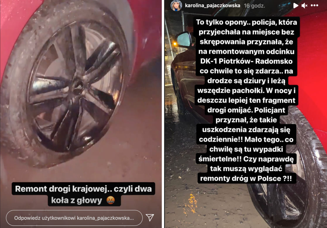 Karolina Pajączkowska przebiła opony w samochodzie