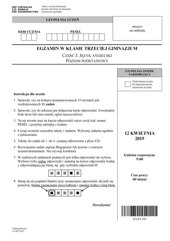 Egzamin gimnazjalny 2019 - język angielski