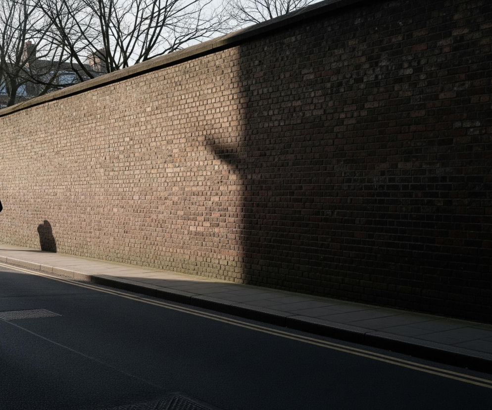 Sylwetka osoby w ciemnym płaszczu idzie chodnikiem wzdłuż wysokiego, ceglanego muru. Słońce oświetla lewą część muru i chodnika, tworząc długi cień za postacią oraz rozległy, amorficzny cień w środkowej części ściany, który przechodzi w ciemność po prawej stronie. Na tle jasnego nieba widoczne są nagie konary drzew oraz fragmenty budynków z oknami w tle po lewej stronie obrazu, a w dolnej części biegnie dwupasmowa jezdnia z podwójnymi żółtymi liniami.