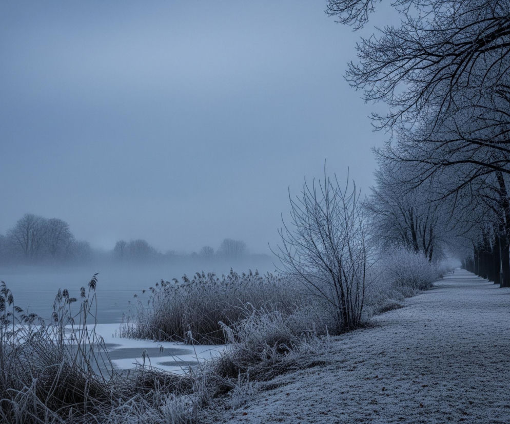 Zimowy krajobraz ukazuje zamarznięte jezioro lub rzekę pokrytą mgłą, z linią drzew widoczną w oddali na horyzoncie. Na pierwszym planie po lewej stronie rosną trzciny i trawy pokryte szronem, wystające z częściowo zamarzniętej wody. Prawa strona obrazu przedstawia pokrytą szronem aleję z rzędem drzew o ciemnych, nagich gałęziach, również pokrytych cienką warstwą lodu. W tle po prawej stronie widać fragment ulicy i budynków, wszystko skąpane w chłodnych, szaroniebieskich odcieniach, podkreślających mroźną atmosferę.