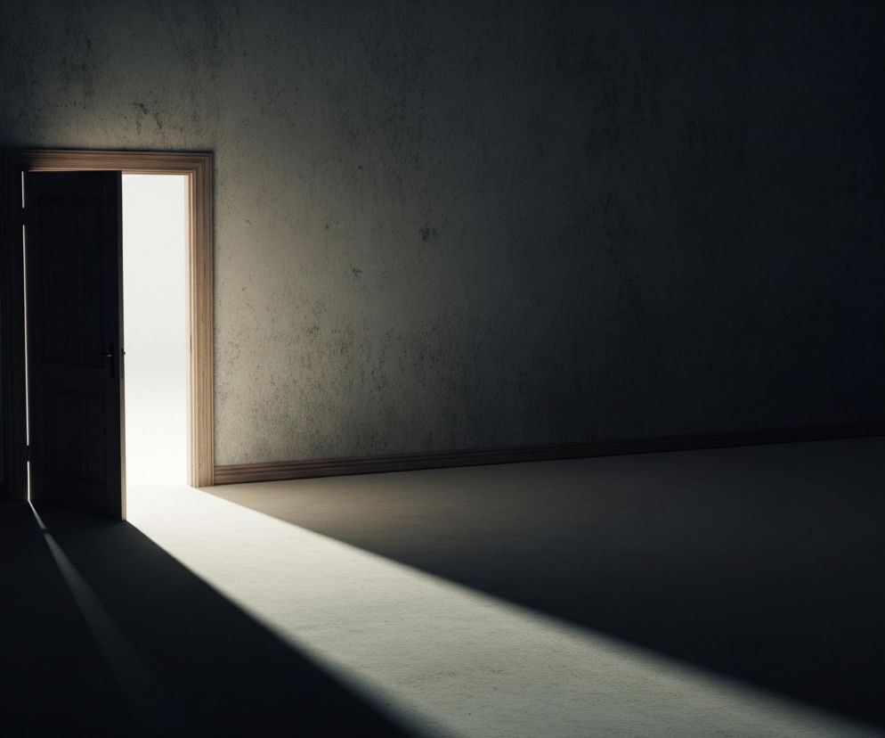 W centrum kadru widać częściowo uchylone drzwi z jasnym, białym światłem bijącym zza nich. Drzwi mają ciemnobrązową barwę i otoczone są jasną, drewnianą futryną, składającą się z kilku cienkich listew. Zza uchylonych drzwi, po lewej stronie, pada na podłogę długi, trójkątny snop jasnego światła. Całe pomieszczenie, w którym znajdują się drzwi, jest ciemne, z szorstkimi, teksturyzowanymi ścianami i podłogą, która odbija światło w miejscu, gdzie pada snop.