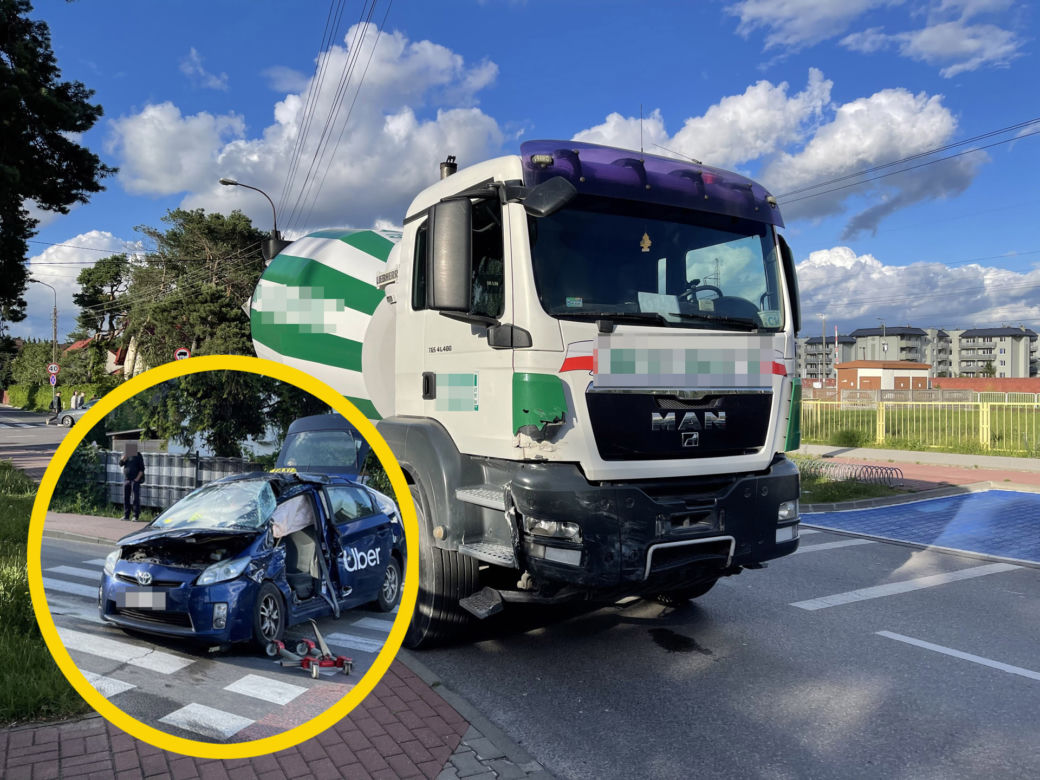 Betoniarka roztrzaskała Ubera na ulicach Legionowa. Jedna osoba ranna