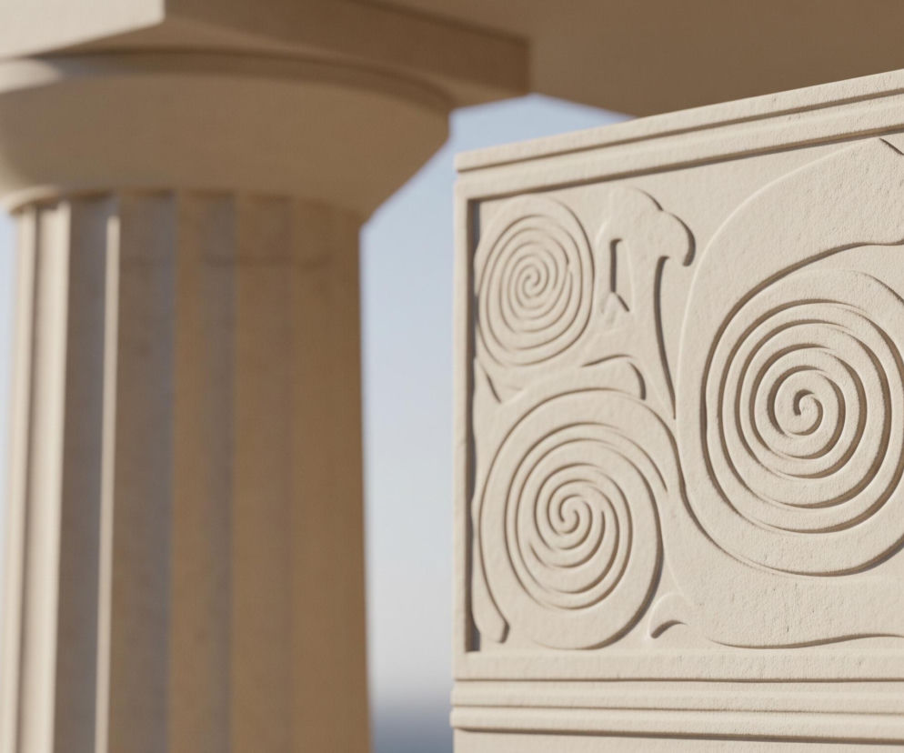 Fragment beżowej, kamiennej konstrukcji z dekoracyjnym reliefem zajmuje prawą część kadru. Relief składa się z rzędów spiralnych wzorów, przypominających ślimaki lub rozwijające się liście, przeplatanych stylizowanymi, falistymi kształtami. Światło padające z prawego górnego rogu podkreśla głębię reliefu, tworząc wyraźne cienie. W tle, po lewej stronie, rozmywa się beżowa kolumna z widocznymi pionowymi żłobieniami, a za nią widać niewyraźne, jasnobłękitne niebo.