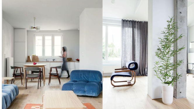 Dom z lat 30. po remoncie i granatowe kanapy
