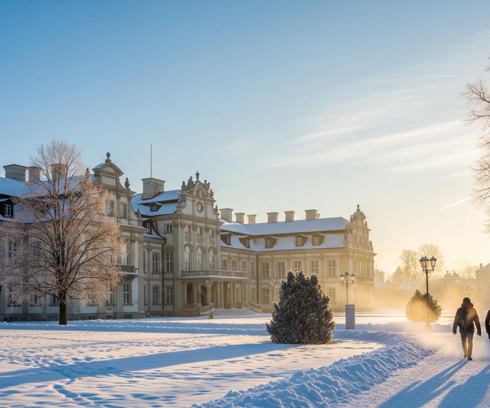 Zimowy krajobraz ukazuje duży, elegancki budynek w tle po lewej stronie, z beżowymi ścianami i brązowymi dachami pokrytymi śniegiem, otoczony zaśnieżonym terenem. Słońce, nisko na horyzoncie po prawej stronie, rzuca długie cienie na biały śnieg i rozświetla czyste, błękitne niebo. Na pierwszym planie, wzdłuż prawej strony zdjęcia, widoczna jest zaśnieżona ścieżka, którą idą trzy osoby w ciemnych ubraniach, a po jej prawej stronie rośnie wysokie, bezlistne drzewo.