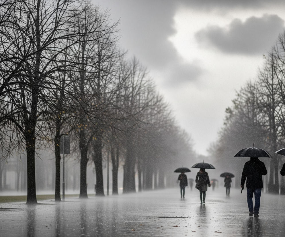 Na zdjęciu widoczna jest deszczowa scena uliczna, gdzie kilka osób idzie pod parasolami wzdłuż mokrej drogi. Dwie sylwetki mężczyzn w czarnych kurtkach i jeansach z czarnymi parasolami znajdują się w prawym dolnym rogu, a za nimi, w oddali, podążają kolejne osoby również z parasolami, ich postaci stają się coraz mniej wyraźne. Po obu stronach drogi rosną drzewa z nagimi gałęziami, pokryte drobnymi kroplami deszczu, tworząc aleję, która niknie w szarej mgle. Niebo jest zachmurzone i szare, a powierzchnia drogi jest mokra i odbija światło, z widocznymi licznymi kroplami deszczu na całej powierzchni.