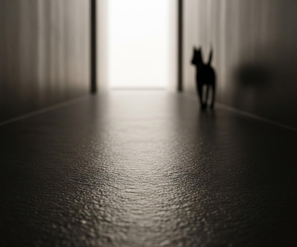 Ciemny, zamglony korytarz rozciąga się w głąb obrazu, gdzie na końcu widać jasne światło. Na pierwszym planie, w centrum, znajduje się ciemna sylwetka psa z uniesionym ogonem, idącego w kierunku światła. Ściany i podłoga korytarza są ciemnoszare, z delikatną teksturą widoczną na podłodze, która staje się jaśniejsza i bardziej szczegółowa w miarę oddalania się od dołu kadru.