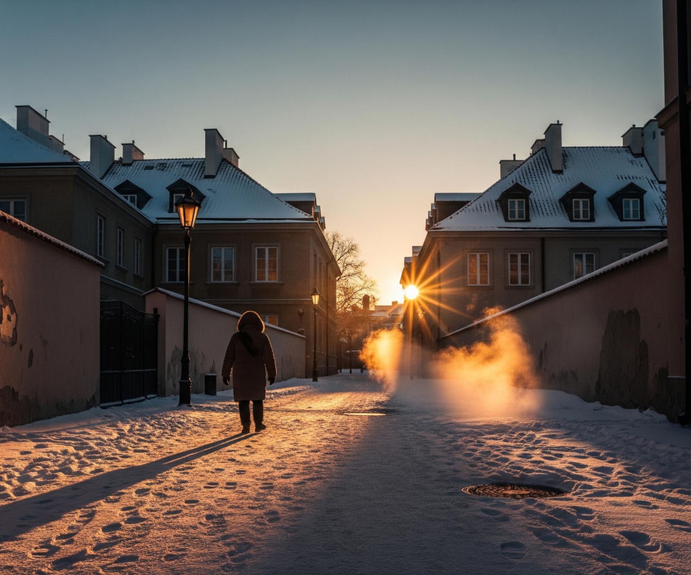 Pojedyncza osoba w długim płaszczu z kapturem idzie środkiem zaśnieżonej ulicy w zimowy poranek. Promienie wschodzącego lub zachodzącego słońca, widoczne w głębi ulicy między budynkami, rzucają długie cienie na śnieg i oświetlają lewą stronę ulicy ciepłym, pomarańczowym światłem, kontrastującym z chłodnym błękitem nieba. Dachy budynków po obu stronach ulicy są pokryte śniegiem, a z prawej strony ulicy unosi się para lub mgła, również rozświetlona słońcem. Na pierwszym planie widoczne są ślady stóp na śniegu i jedna studzienka kanalizacyjna.
