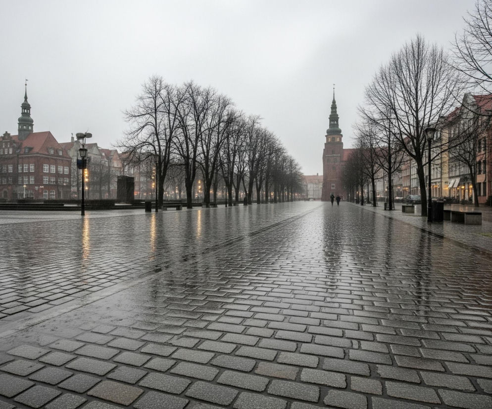 Brukowana ulica rozciąga się w głąb obrazu, lśniąca od deszczu, odbijając światło w tle. Wzdłuż po obu stronach ulicy rosną drzewa bez liści, tworząc aleję. Po prawej stronie widać szereg kamienic z czerwonymi dachami i wieloma oknami, niektóre z nich są oświetlone ciepłym, żółtym światłem.

Na końcu ulicy, w centrum kadru, wznosi się wysoki, ceglany budynek z zielonym, ostro zakończonym dachem wieży. Po lewej stronie ulicy, również w tle, widoczny jest podobny budynek z czerwoną cegłą i spiczastą wieżyczką. Na ulicy w oddali idą dwie małe postacie. Cały krajobraz jest spowity w szarości, co sugeruje pochmurny dzień.