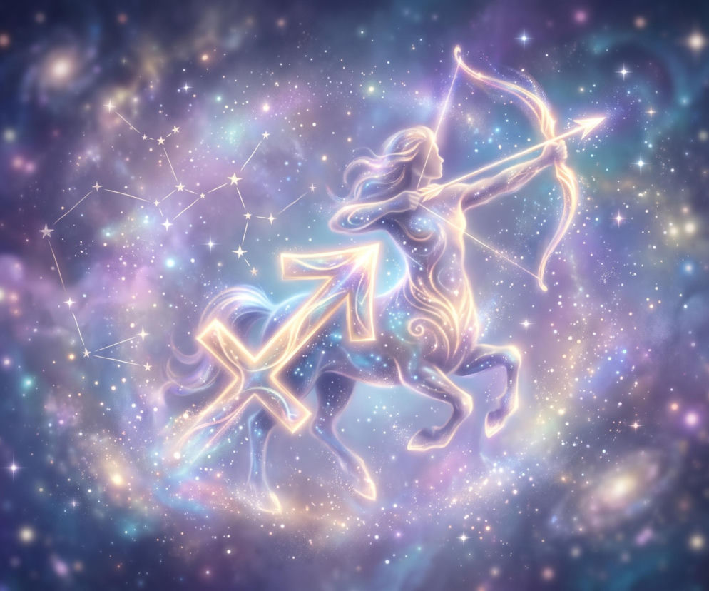 Świecący centaur napinający łuk na tle gwieździstego nieba z symbolem Strzelca. Horoskop dla Strzelca znajdziesz na Eska.