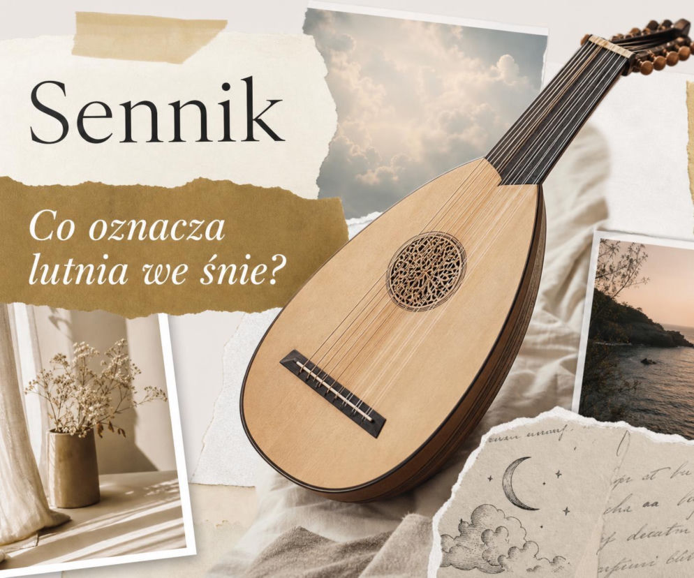 Lutnia na tle nieba i morza. Obok napis sennik. O znaczeniu snu o lutni przeczytasz na SE.