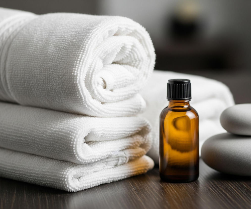 Na pierwszym planie, z lewej strony, znajdują się trzy złożone, białe, frotte ręczniki, ułożone w stos. Obok nich, centralnie, stoi mała, brązowa szklana buteleczka z czarną, żebrowaną zakrętką, zawierająca bursztynowy płyn. Po prawej stronie leżą dwa gładkie, szare kamienie, jeden mniejszy spoczywa na większym. Wszystkie te przedmioty ustawione są na ciemnobrązowej, drewnianej powierzchni z widocznym usłojeniem. Tło jest rozmyte, utrzymane w jasnoszarych i ciemnoszarych tonacjach.