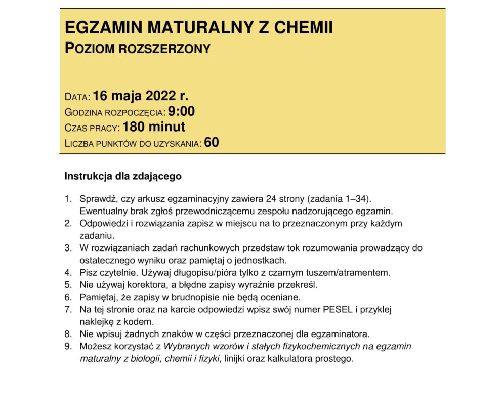 Matura 2022: Arkusz CKE z chemii na poziomie rozszerzonym