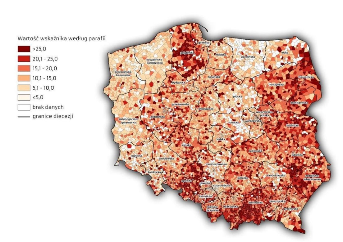 Wskaźnik communicantes w 2023 roku według parafii w procentach