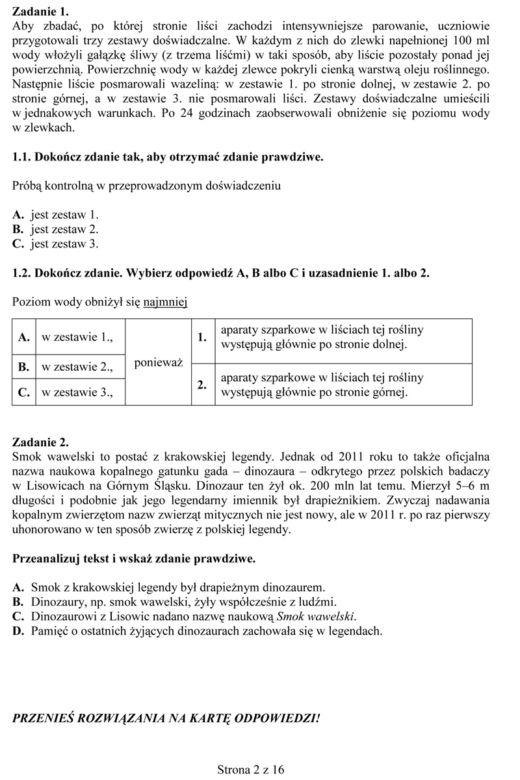 Próbny egzamin gimnazjalny - Przedmioty przyrodnicze