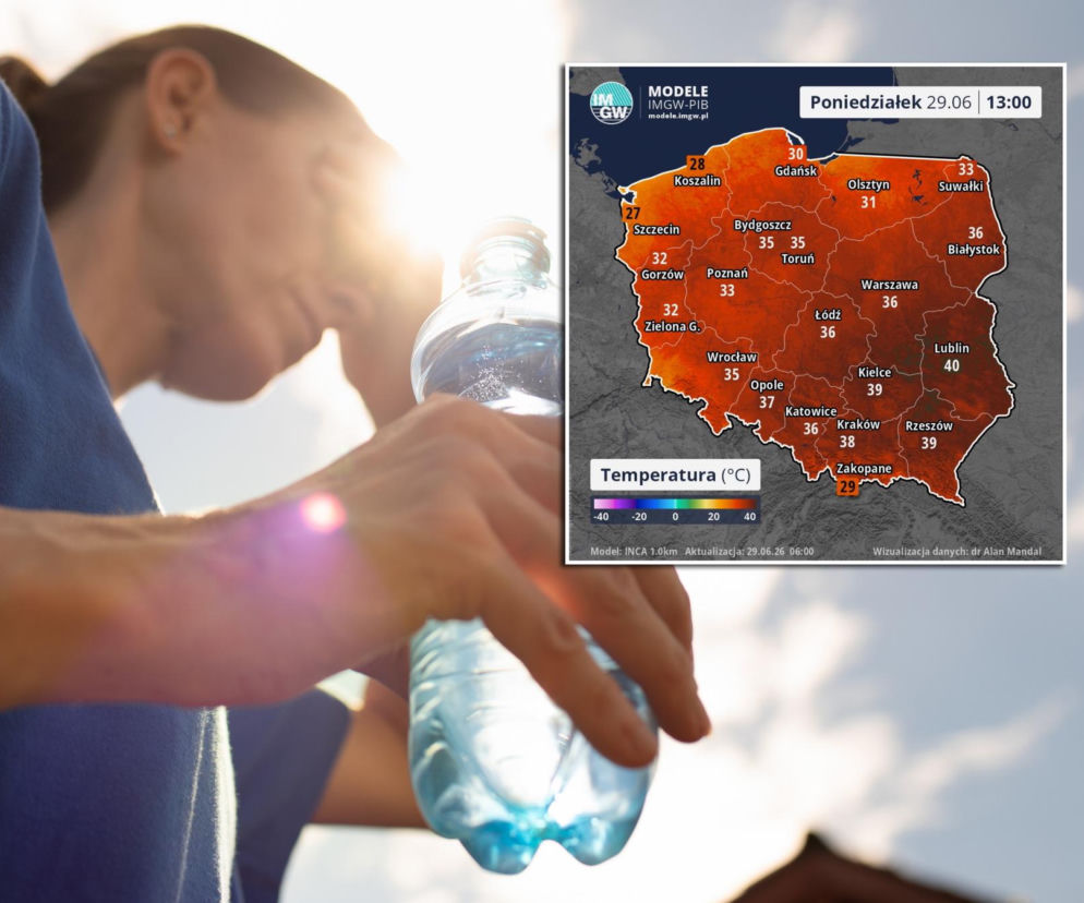 Osoba zmagająca się z upałem, trzymająca butelkę wody na tle mapy Polski z prognozą temperatur IMGW na 29 czerwca, wskazującą na ekstremalne gorąco. Więcej o rekordach ciepła i alertach pogodowych przeczytasz na naszym portalu.