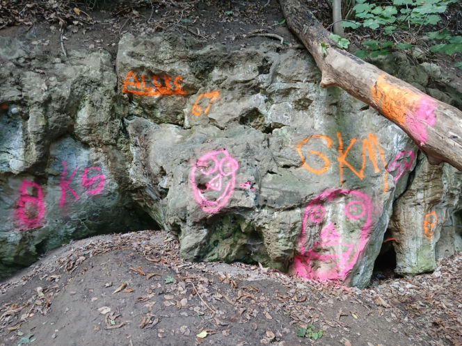 Wandale zniszczyli przyrodniczy skarb pod Bydgoszczą. Jaskinia „Bajka” oszpecona farbą